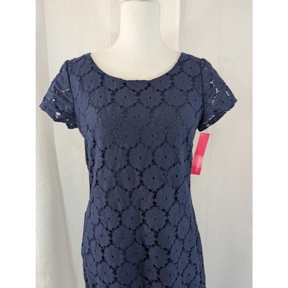 NWT! XHILERATION! NAVY BLUE STRETCH LACE OVER BLUE, BACK GOLD ZIPPER DRESS! SZ M - Picture 3 of 10